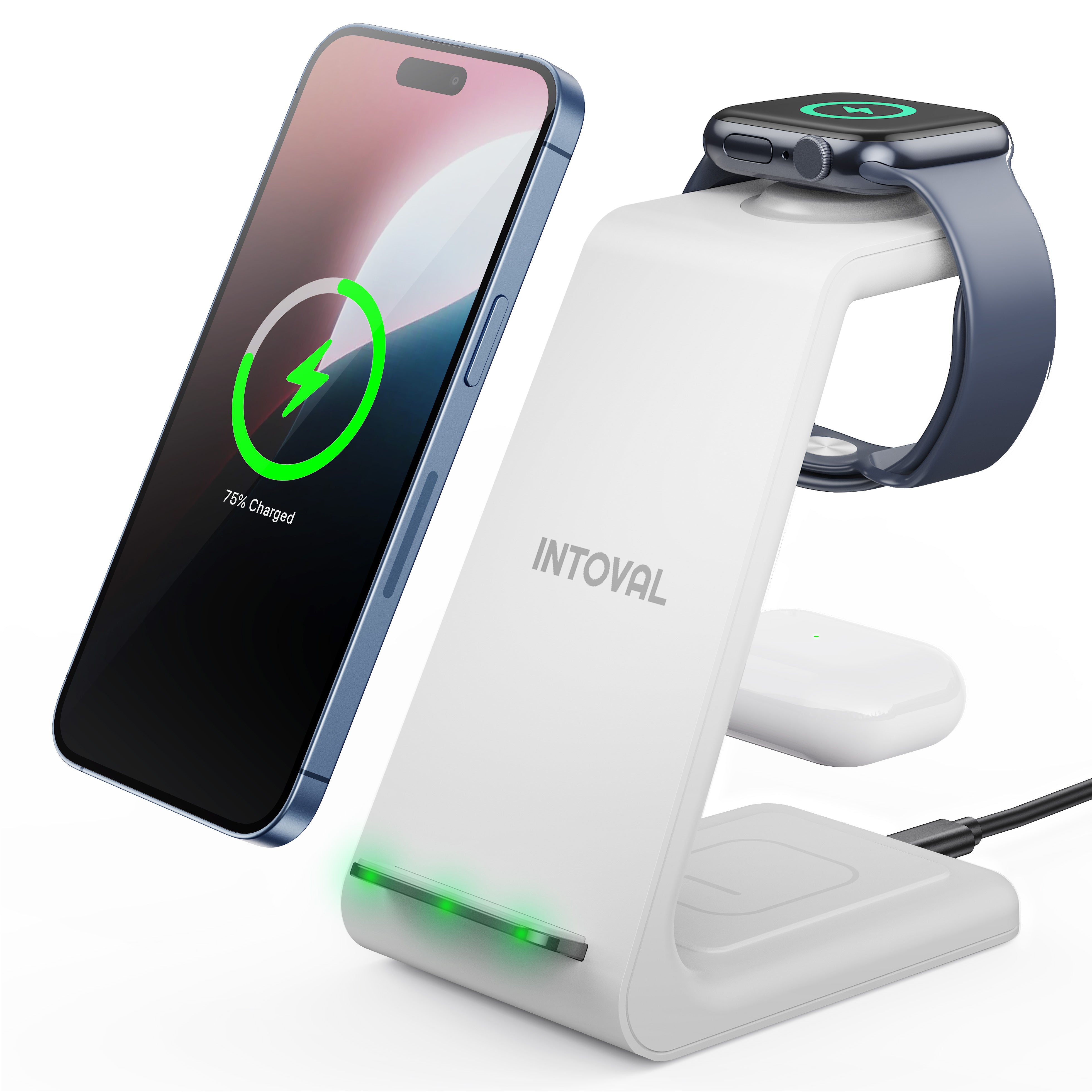 Intoval 3 in 1 Wireless Charging Station for iPhone and Apple Watch,Fast Wireless Charger Stand(A3,White)