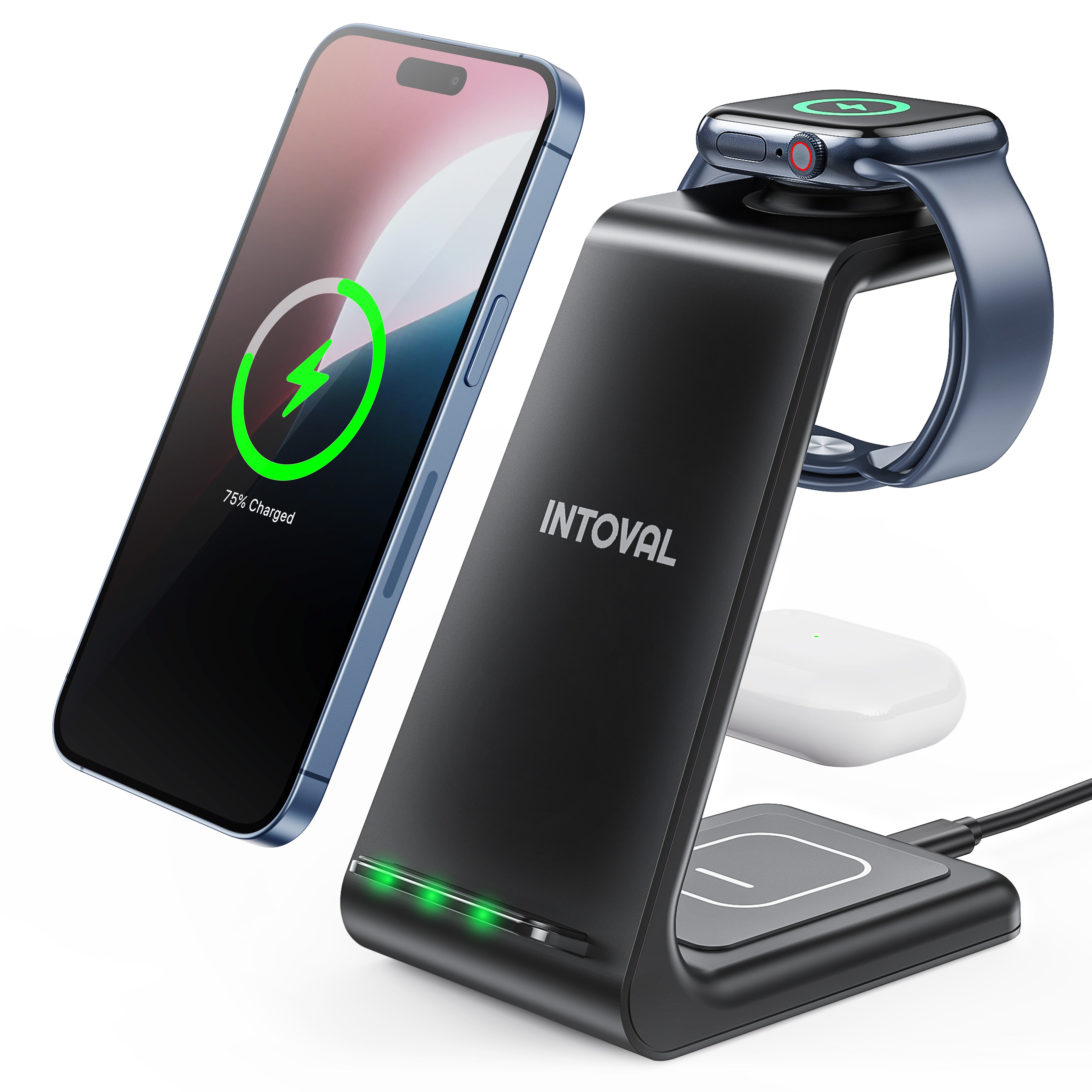 Intoval 3 in 1 Wireless Charging Station for iPhone and Apple Watch,Fast Wireless Charger Stand (A3,Black)